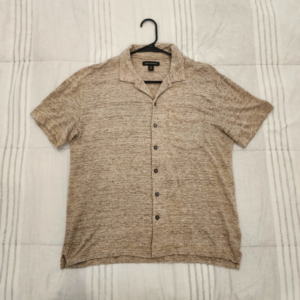 Banana Republic Mens Medium Linen Button-Down Short Sleeve Shirt Oatmeal Heather